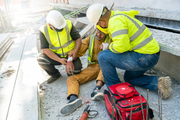Two construction workers helping their injured coworker on a job site with a first aid kit sitting next to them.